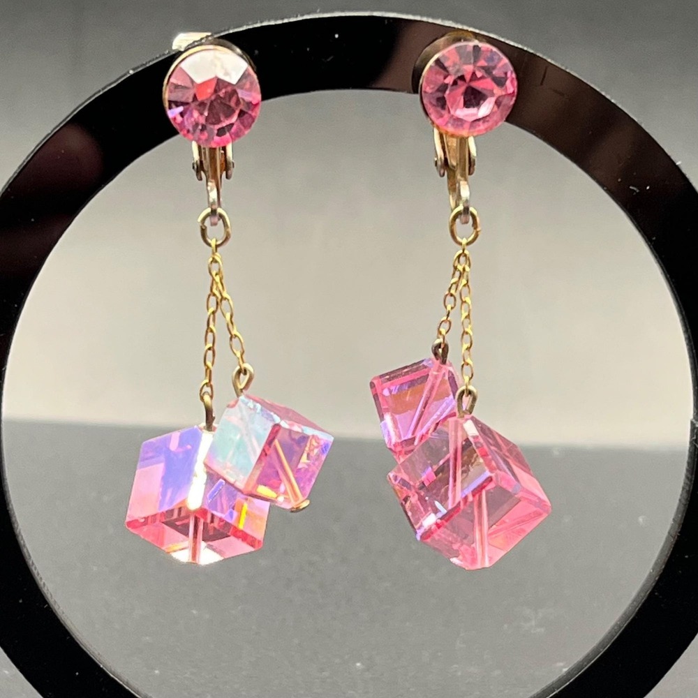 Vintage Pink AB Crystal‎ Cube Clip On Earrings Mid Century Geometric Drop 2"